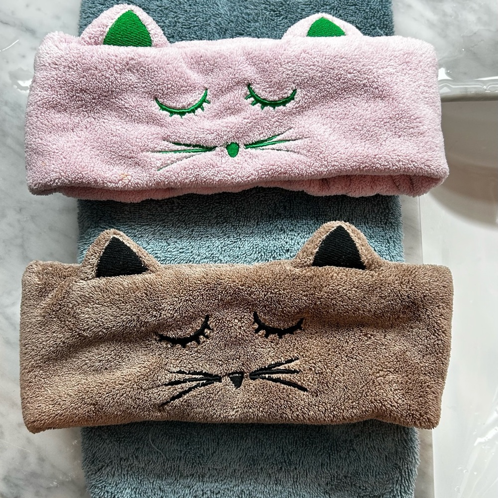 Cute Pink and Brown Elastic Cat Ear Headbands. Wear when washing off makeup